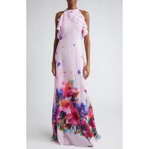 Lela Rose Watercolor Floral Print Ruffle Cotton Voile Gown